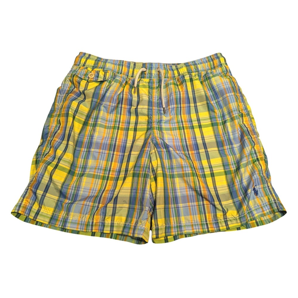 Polo Ralph Lauren Kids Yellow Plaid Swim Trunks Board Shorts Size L 14-16